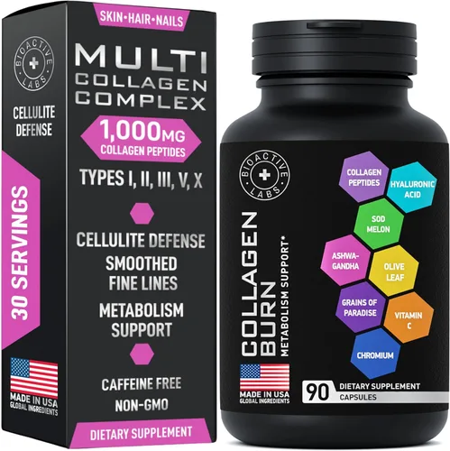 Quemadura de colágeno múltiple para mujeres y hombres, 1,000 mg tipo I, II, III, V, X, péptidos de colágeno hidrolizados, ácido hialurónico,