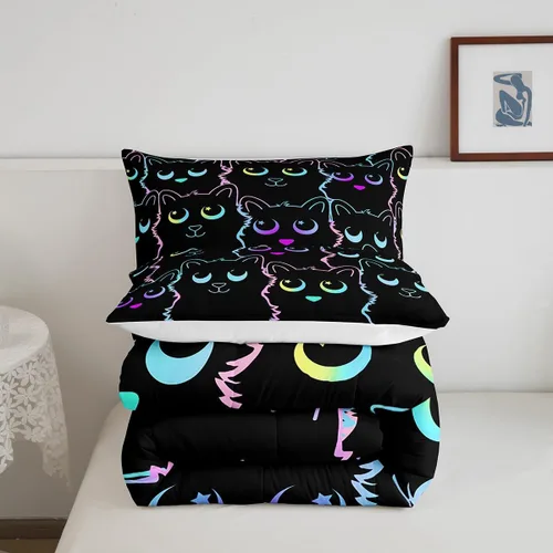 Miniatura 3 de Feelyou Juego de ropa de cama de gato negro para niños, adolescentes, tamaño individual, línea degradada, lindo juego de edredón de gato para niños