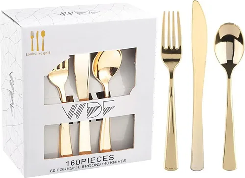 WDF 160 piezas de cubiertos de plástico dorado - Cubiertos de oro resistentes Incluye 80 tenedores, 40 cucharas, 40 cuchillos, utensilios de