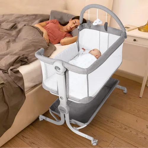 Cowiewie - Cuna para bebé junto a la cama con cesta de almacenamiento, ruedas y juguetes colgantes, cuna portátil plegable fácil con ruedas, cunas