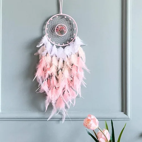Atrapasueños, árbol de la vida rosa atrapasueños, decoración de pared con piedra de cristal curativo natural, cristal rosa perfecto hecho a mano