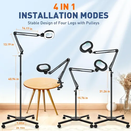 Miniatura 8 de KIRKAS Lupa de piso grande 12X con luz y soporte, color infinito regulable 2 en 1 lámpara de lupa iluminada para trabajo cercano, lectura