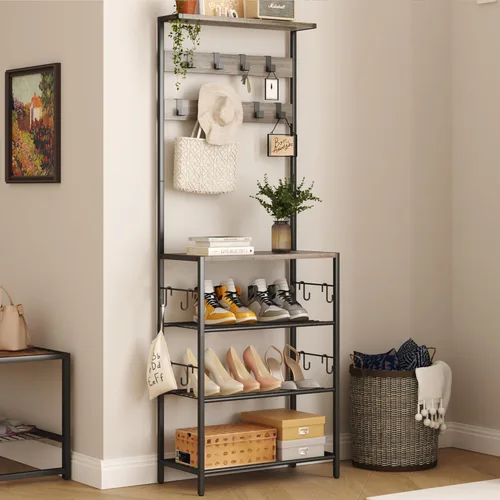 Miniatura 9 de HOMEFORT Perchero con almacenamiento de zapatos, zapatero de 5 niveles y perchero con 9 ganchos para ropa, organizador independiente para árbol