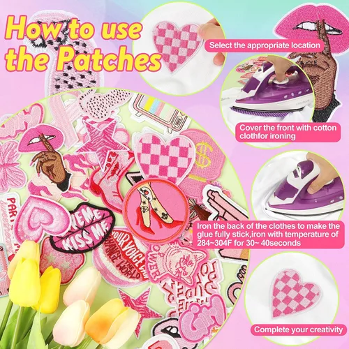 Miniatura 5 de NICEVINYL Parches bordados Preppy para planchar: 35 unidades de parches bordados de color rosa para coser en la ropa