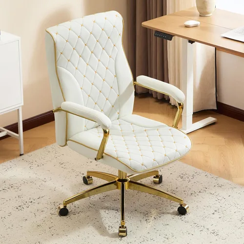 Furniliving Silla de oficina blanca y dorada, sillas de oficina de cuero, silla de tocador ajustable con patas doradas y reposabrazos acolchado,