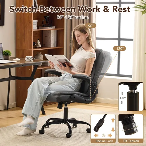 Miniatura 5 de YFO Silla de oficina de cuero, silla ergonómica de escritorio de oficina en casa, silla de oficina ejecutiva giratoria con soporte trasero con Gris