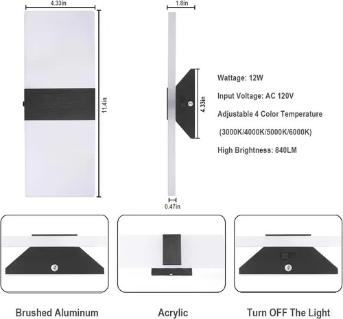 Miniatura 5 de TRLIFE Apliques de Pared LED Regulables, Aplique de Pared Moderno de 4 Temperaturas de Color 12W Luces de Pared Regulables Juego de 2 Luz Montada