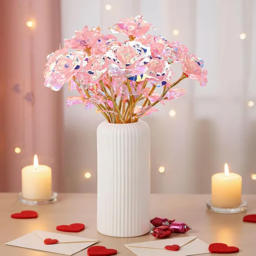 Miniatura 4 de Lyrow 12 rosas de galaxia con tallos, regalo para ella, rosa de cristal falsa preservada para siempre, 24 quilates, para decoración de cumpleaños