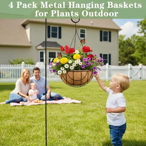 Miniatura 7 de EIMQUVW Macetas colgantes de metal para exteriores (paquete de 4, 14 pulgadas) cestas colgantes para plantas con cadena redonda de alambre