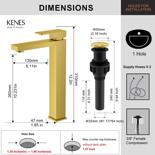 Miniatura 6 de KENES Grifo de Baño Alto de Oro Cepillado, Grifo de Lavabo de Una Sola Manija para Lavabo de Recipiente, Grifo de Baño de Tocador Dorado con Líneas