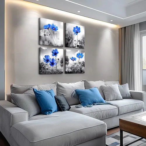 Miniatura 2 de Arte de pared para sala de estar, diseño de flores azules cian en blanco y negro, impresiones en lienzo grande para decoración de pared, obras