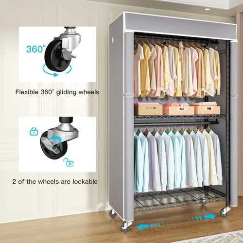 Miniatura 2 de FUTASSI Perchero negro con cubierta gris, armarios con ruedas P1C, perchero de metal para colgar ropa, armario de almacenamiento de ropa, 36.2