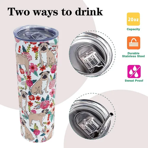 Miniatura 5 de Vaso de viaje aislado de acero inoxidable de 20 onzas, diseño de pug con tapa y popote X-DOG-95