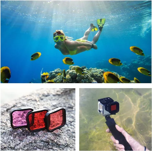 Miniatura 7 de SOONSUN Paquete de 3 filtros de buceo para GoPro Hero 8, 9, 10, 11, carcasa impermeable oficial, color rojo, rojo claro, filtros magenta, mejora