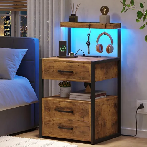 Miniatura 13 de VIAGDO Mesita de noche LED con estación de carga, 3 cajones con luces LED, mesitas de noche negras con estantes de almacenamiento, mesas auxiliares