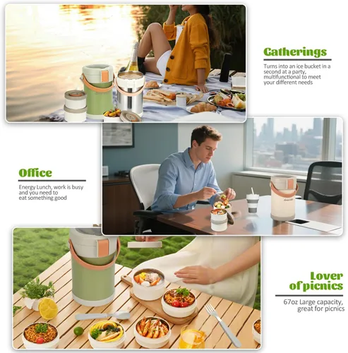 Miniatura 8 de Audult - Contenedor térmico de alimentos calientes de 67 onzas, contenedor de alimentos aislado de acero inoxidable de 2 litros de 3 capas, termo