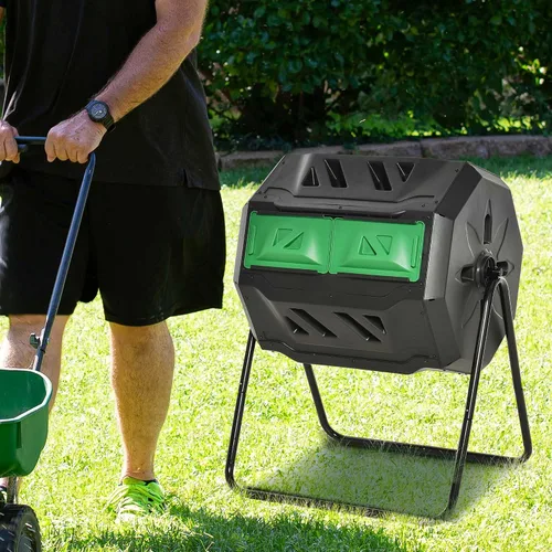 Miniatura 8 de Contenedor de compostaje giratorio de doble cámara de 360° para exteriores, 43 galones, color verde