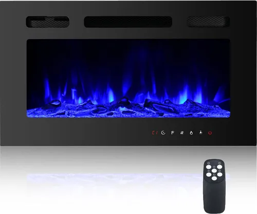 Miniatura 9 de Chimenea eléctrica montada en la pared y empotrada de 30 pulgadas con control remoto temporizador de 8 horas, 12 llamas, pantalla táctil, calentador