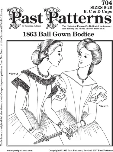 0704, patrón de costura de corpiño de baile de los años 1860, tallas 08-26, busto 33-48, reproducción histórica para disfraces de época
