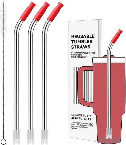 Miniatura 12 de Pajitas de metal rectas para vaso Stanley de 40 onzas, paquete de 3 popotes reutilizables de acero inoxidable con puntas de silicona y cepillo Gris