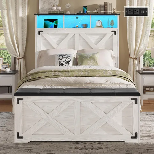 Miniatura 10 de Hasuit - Marco de cama tamaño Queen con otomana de almacenamiento, marco de cama estilo granja con estación de carga y luz LED, cabecera con estante