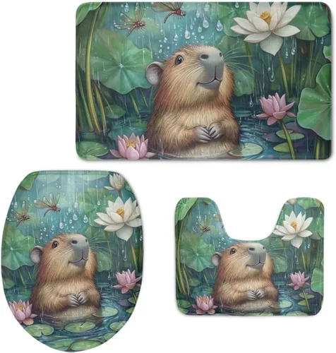 Miniatura 12 de FOR U DESIGNS Juego de tapetes de baño con moqueta, contorno y tapa, campana de lazo de Navidad, tapete decorativo suave para el hogar, dorado