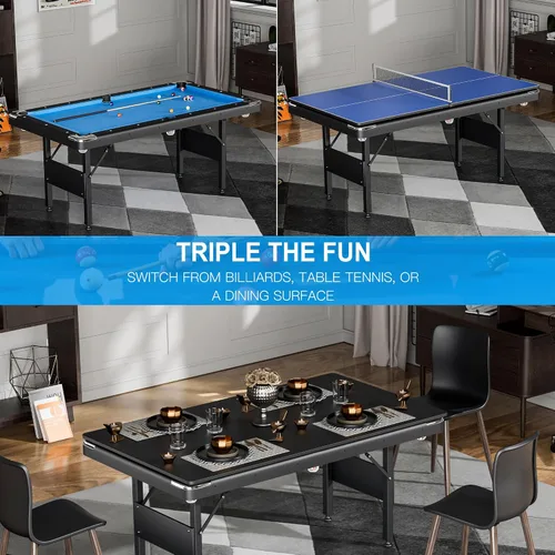 Miniatura 3 de Mesa de billar 3 en 1, mesa de billar plegable de 65.75 pulgadas con mesa de ping pong y parte superior de comedor, mesa de juego múltiple incluye