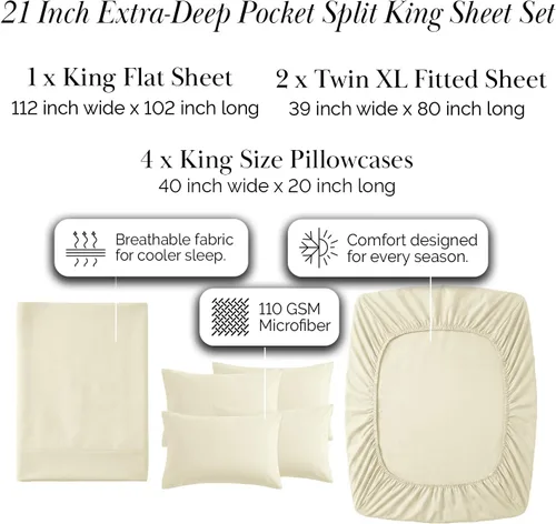 Miniatura 65 de Southshore Fine Living, Inc. Juego de 7 piezas de sábanas King divididas para cama ajustable, juego de sábanas King divididas con bolsillo de 21