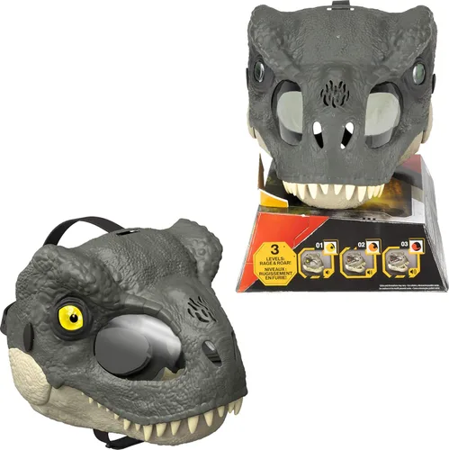 Mattel Jurassic World Rebirth T-Rex Rage N Roar Máscara con ojos iluminados LED, acción de parpadeo con efecto de agresión de 3 niveles, disfraz de