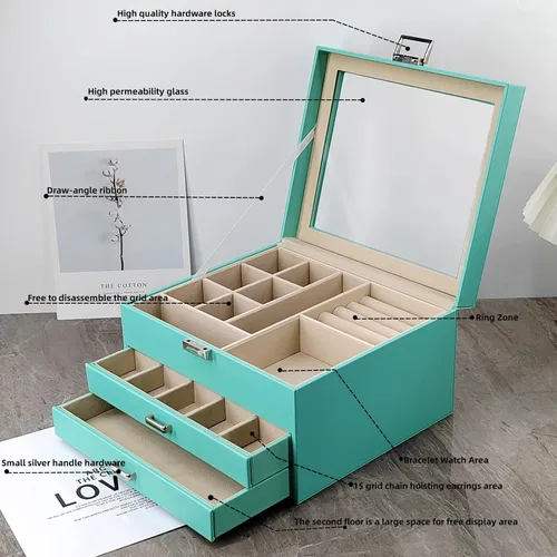 Miniatura 5 de BOOVO Clear Lid Jewelry Box For Girl,3 Layers Jewelry Organizer boxes For Women Turquoise Earring Jewelry Box For Girl Necklace Ring Bracelet
