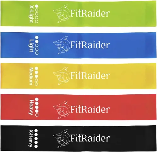 Fit Raider - Juego de 5 bandas de resistencia de látex natural resistente para piernas y glúteos, entrenamiento, yoga, pilates y terapia física,