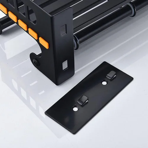 Miniatura 2 de Organizador de especias de acero inoxidable montado en la pared con 5 ganchos para utensilios, acabado negro cepillado, estante de almacenamiento
