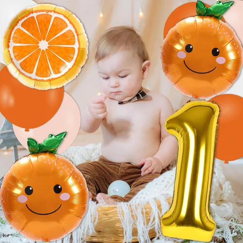 Miniatura 4 de Whaline 30 piezas de suministros de decoración de primer cumpleaños naranja Little Cutie número uno, globo de letra UNO, globos naranjas, globos
