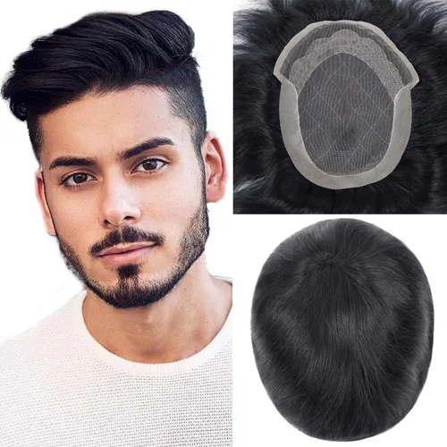 HAPPY&CC Cabello humano para hombre, tupé francés de encaje con pelucas de repuesto de pelo PU, sistema de piezas de cabello humano real, unidad de