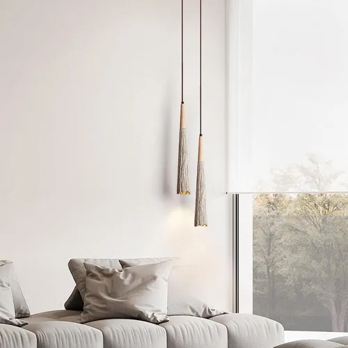 Miniatura 3 de Lámpara colgante de hormigón de estilo japonés, cable ajustable, lámpara colgante de cemento en forma de cono de isla de cocina con acento de madera