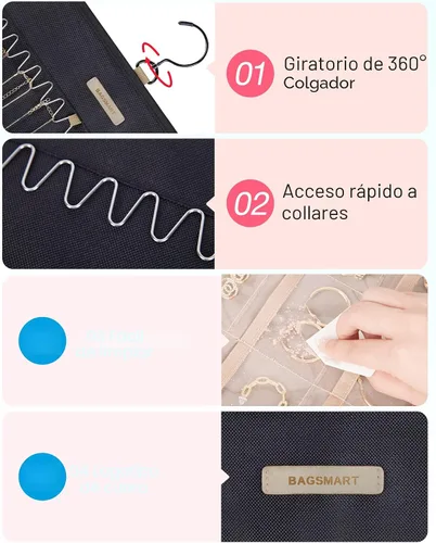 Miniatura 4 de BAGSMART Organizador de joyas colgante con rollo de almacenamiento y ganchos metálicos de doble cara para aretes, collares, anillos en armario, Negro