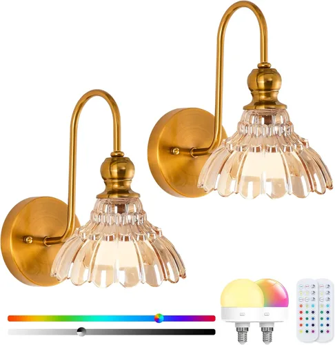 Apliques de pared inalámbricos vintage que funcionan con pilas, luces de pared recargables con pantalla de vidrio con forma de flor, lámpara de