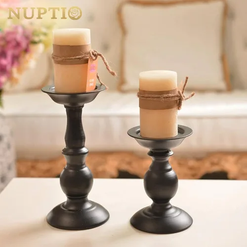 Miniatura 3 de Nuptio Portavelas negro para velas de pilar - Juego de 2 portavelas rústicos Soporte de velas de metal alto Portavelas de pilar retro de otoño