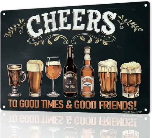Letrero vintage de bar o cueva de hombre con texto en inglés "Cheers to Good Times", decoración de pared de metal duradero de 12 x 8 pulgadas para