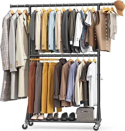 Perchero resistente con carga de 760 libras, estante de ropa con ruedas de doble nivel, altura ajustable para colgar ropa, estante de metal