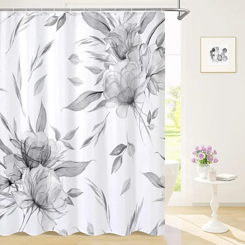 Miniatura 8 de Litabel Cortina de ducha bohemia con estampado floral de acuarela azul y gris, estilo de pintura de tinta, cortinas de ducha de flores y hojas