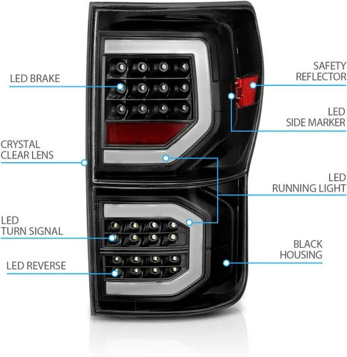 Miniatura 5 de AmeriLite para camioneta Toyota Tundra 2007-2013, cristal negro [Full LED] Faros traseros dobles tipo C de tubo de repuesto, lámpara de freno, par