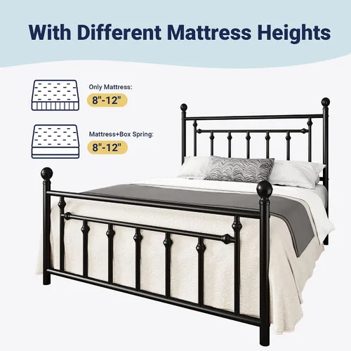 Miniatura 8 de Allewie Base de cama de plataforma de metal de tamaño completo de 14 pulgadas con cabecero y pie de cama vintage victoriano/base de Negro
