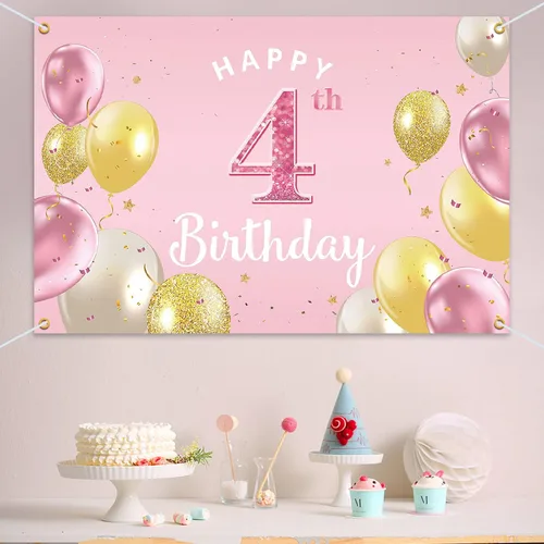 Miniatura 5 de Cartel de fondo de feliz 4º cumpleaños, suministros de decoración de fiesta de cumpleaños 4 para niñas, color rosa, 3.9 x 5.9 pies