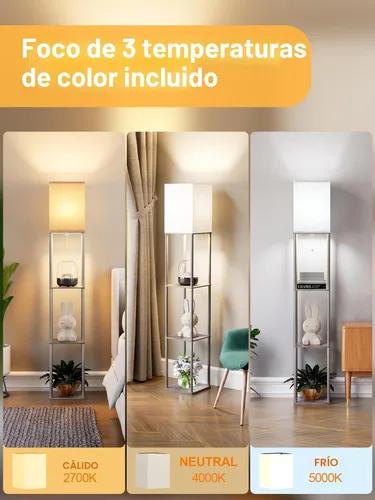 Miniatura 3 de Lámpara de pie con estantes para sala de estar roble gris, lámpara de pie con estante con bombilla LED de 3 CCT, lámpara de columna de pie de Gris