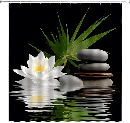 Miniatura 2 de Cortina de ducha de loto de spa con flores de loto blanco, piedras negras, lirio de agua, hojas de palma, verde, estilo japonés, relajante