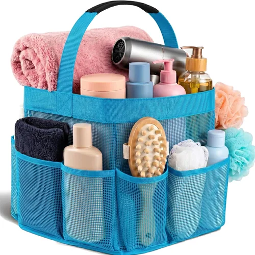 Miniatura 7 de Masirs – Organizador de ducha de malla con 9 bolsillos, bolsa portátil para baño para viajes, gimnasio y dormitorio - Bolsa de ducha pequeña