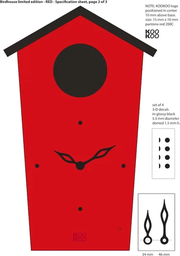 Miniatura 7 de KOOKOO Birdhouse Red Limited Edition, reloj de cuco de diseño moderno con 12 voces naturales de pájaros o llamada de cuco Rojo