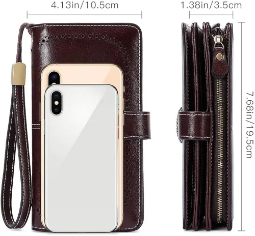Miniatura 5 de SENDEFN - Billeteras de cuero genuino para mujer con tarjetero y bloqueo RFID, de gran capacidad y con correa para la muñeca