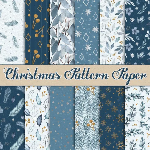 Whaline 24 piezas de papel con patrón de invierno, acuarela, álbum de recortes de invierno, papel especial de copo de nieve blanco y azul, papel de